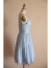 Light Blue Lace V Back Short Vintage Bridesmaid Dress
